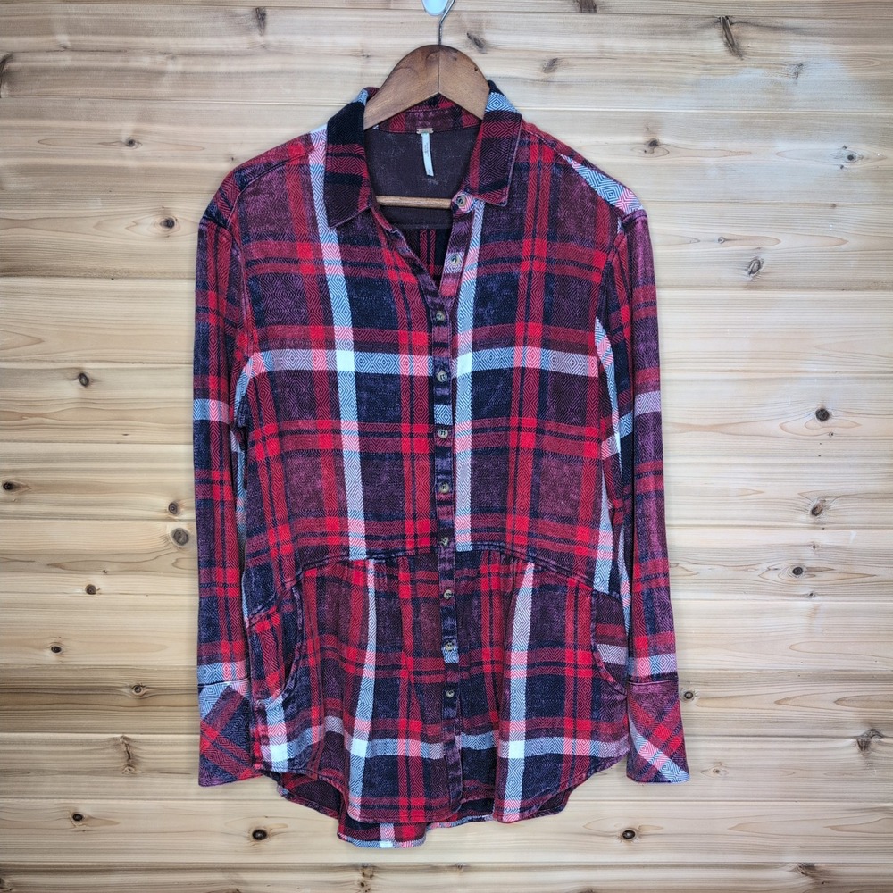 Free People Red Blue Plaid Babydoll Button Down‎ Shirt OB514817 Small